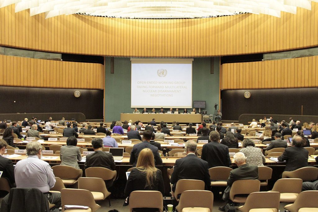 UN member states debate the idea of a nuclear-weapon-ban treaty, Geneva, May 2016